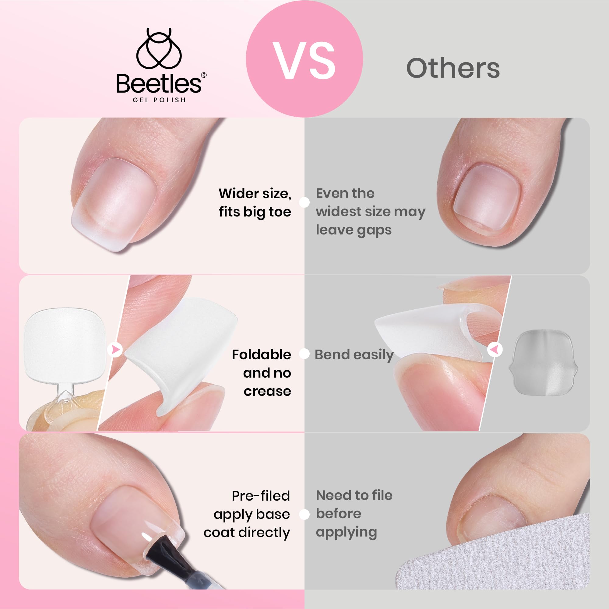 Beetles toe nail tips square big toe sizes highlighted for versatile styling.