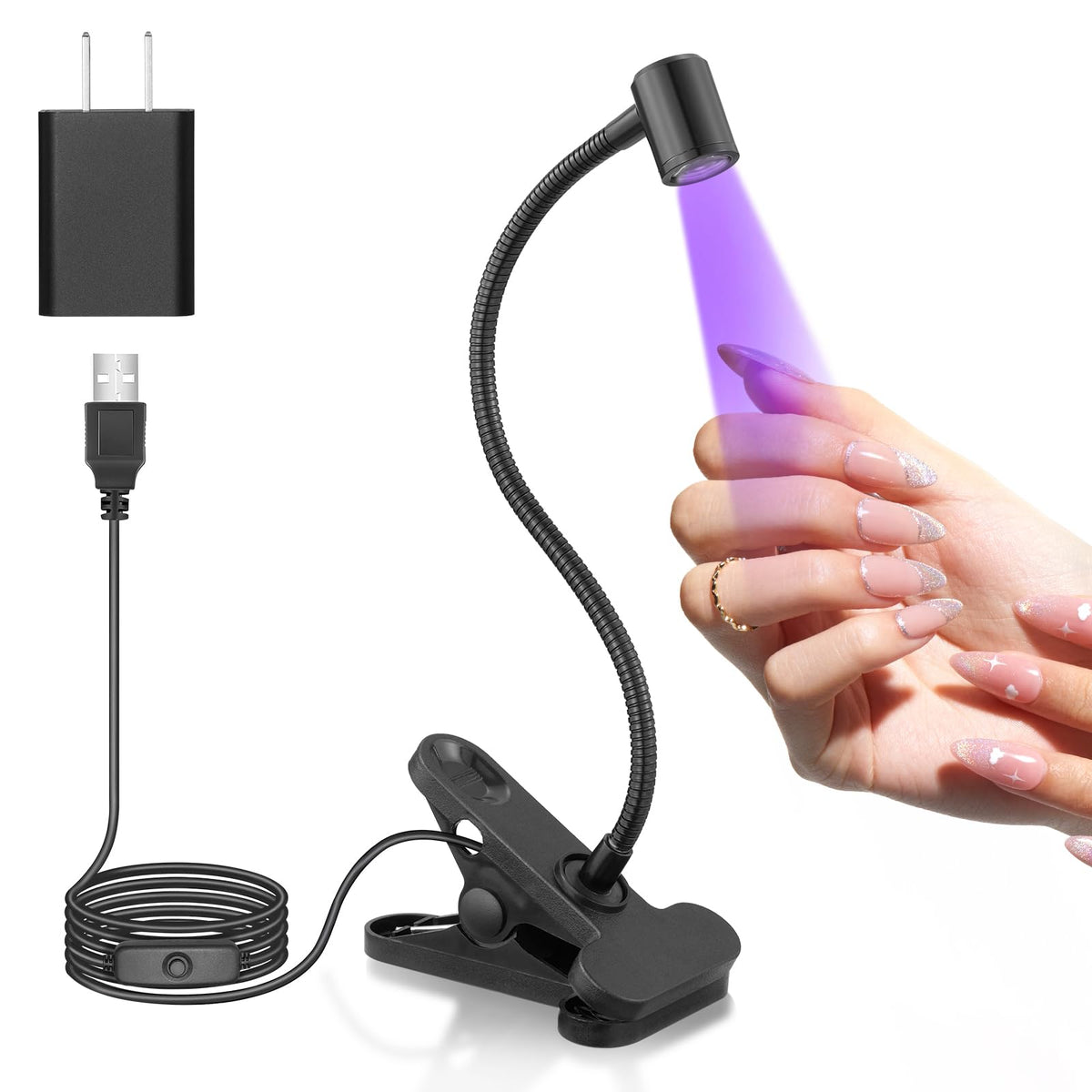 Beetles UV nail lamp with clamp close-up showing adjustable gooseneck for precise gel curing