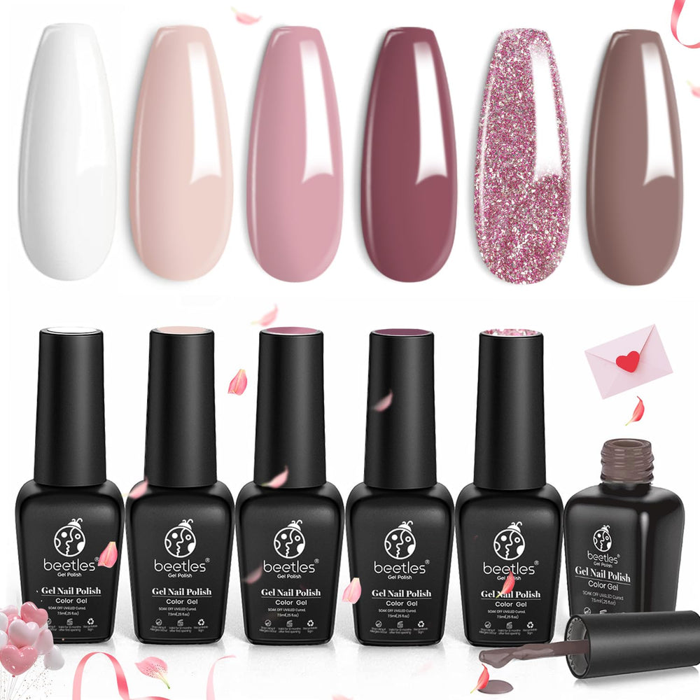 Beetles Wedding Gel Polish set swatches show six romantic colors for bridal nails.