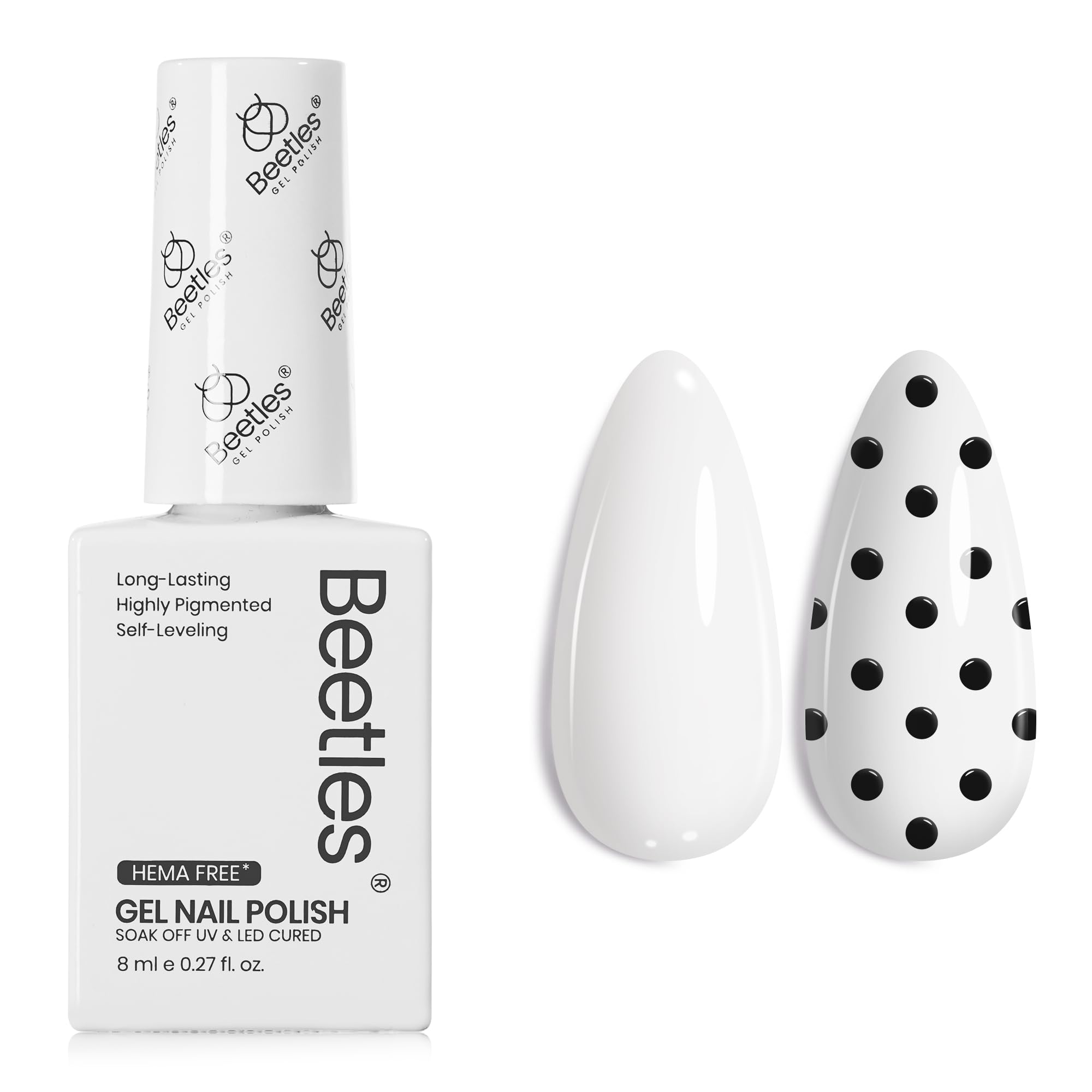 Beetles White Gel Polish bottle shows pure white shade for quick shade identification