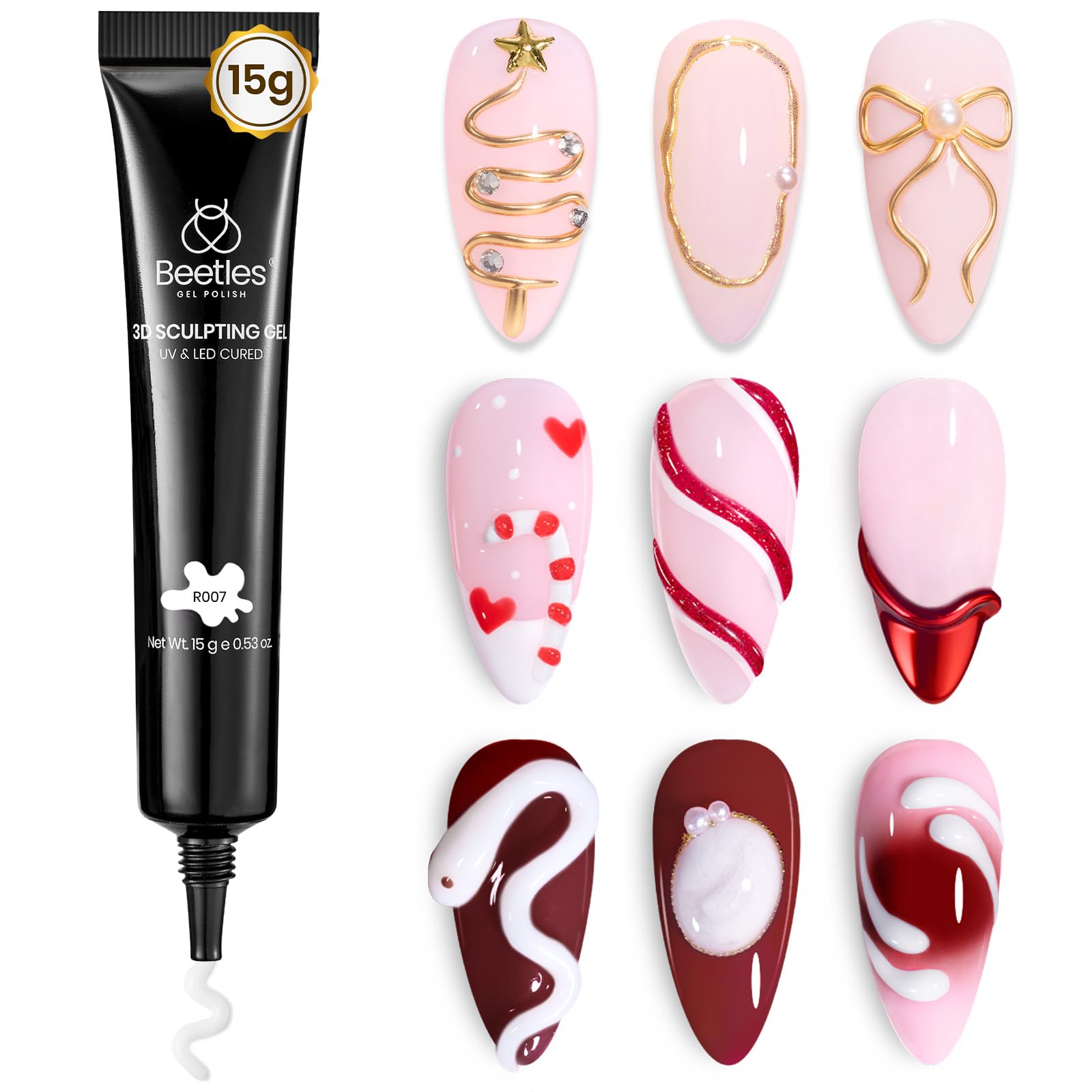 Beetles White Sculpting Gel 3D nail art swatch shows precise shaping.