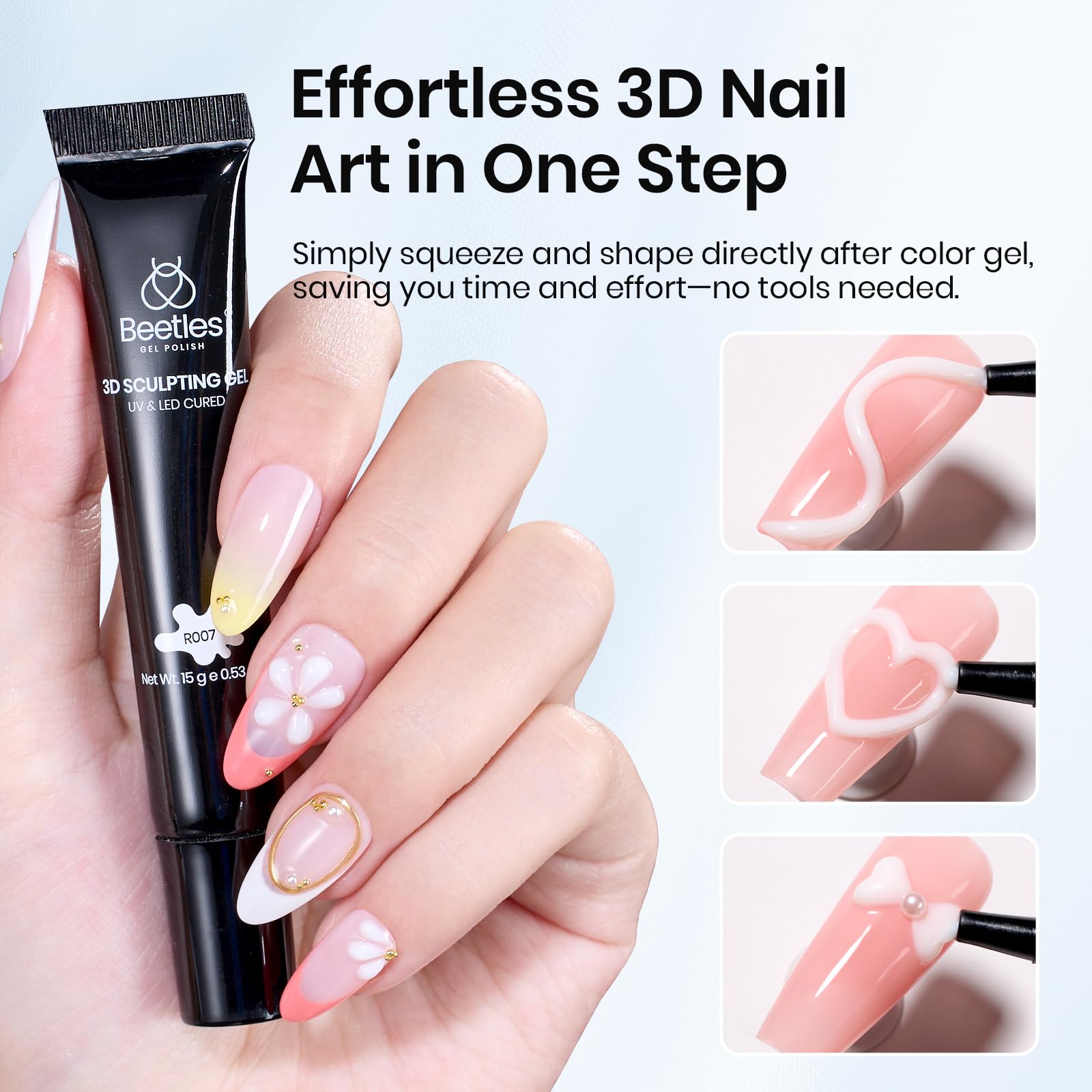 Beetles White Sculpting Gel with 3D rhinestones enables festive nail designs.