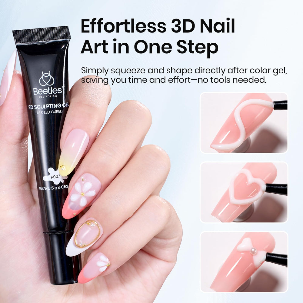 Beetles White Sculpting Gel with 3D rhinestones enables festive nail designs.