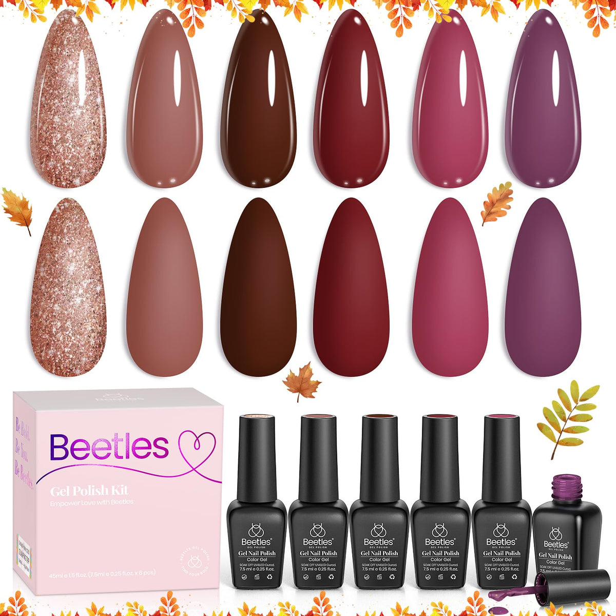 Beetles Winter Gel Nail Polish Set box with six plum burgundy shades for chic manicures