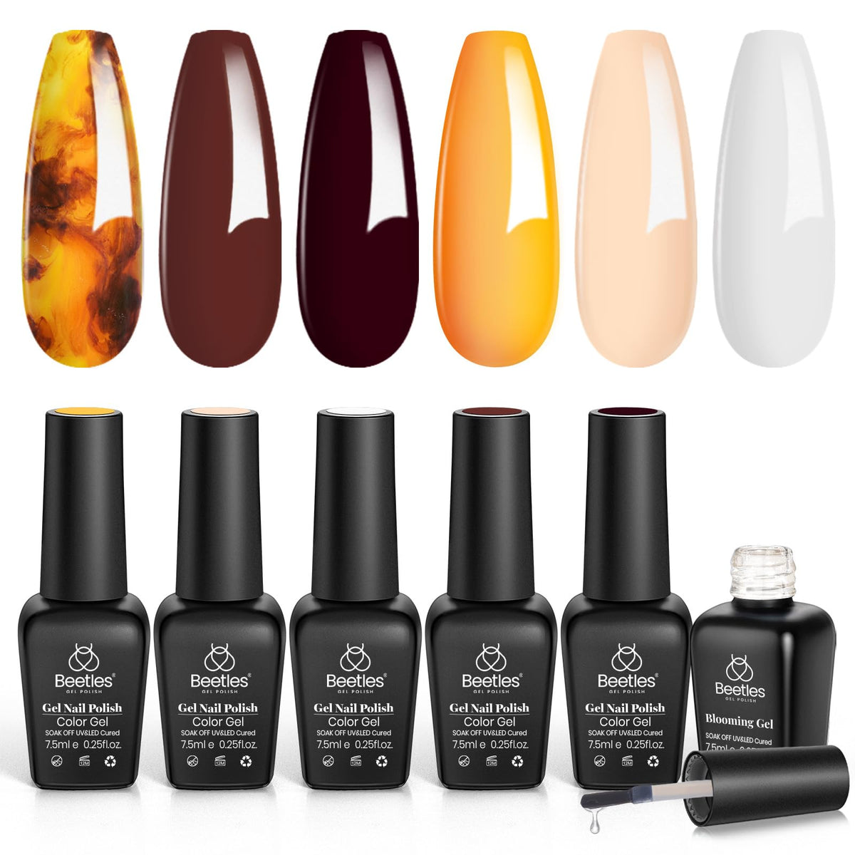 Beetles Winter Gel Polish Amber Attraction packshot with five brown shades for versatile winter nails