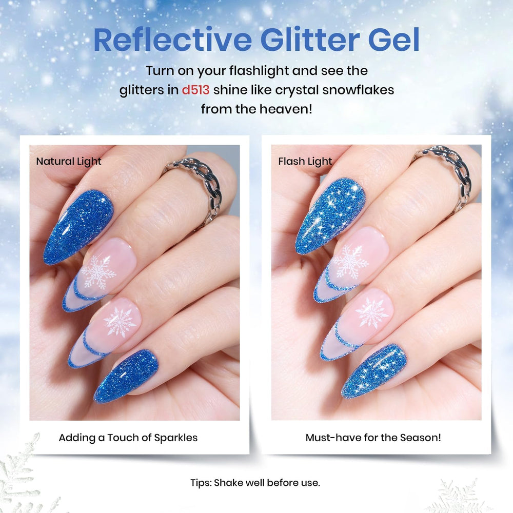 Beetles Winter Gel Polish set snowflakes glitter highlights festive accents.