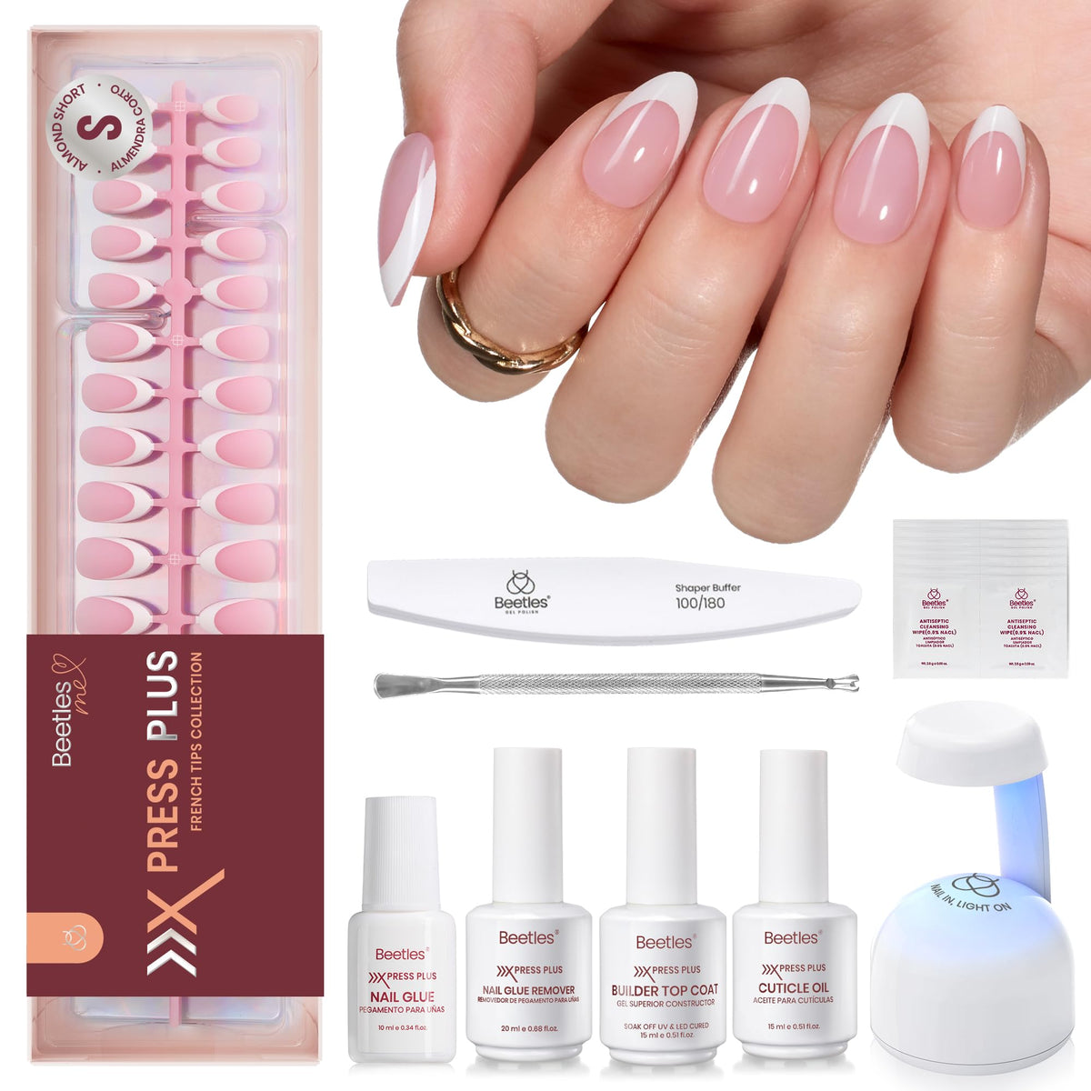Beetles X Press Kit 224 short almond nails for quick at-home French manicure