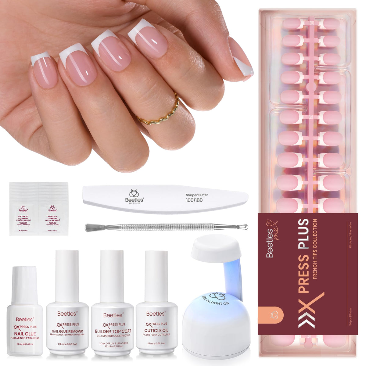Beetles X Press Plus Glow French kit packaging showing all-in-one manicure tools