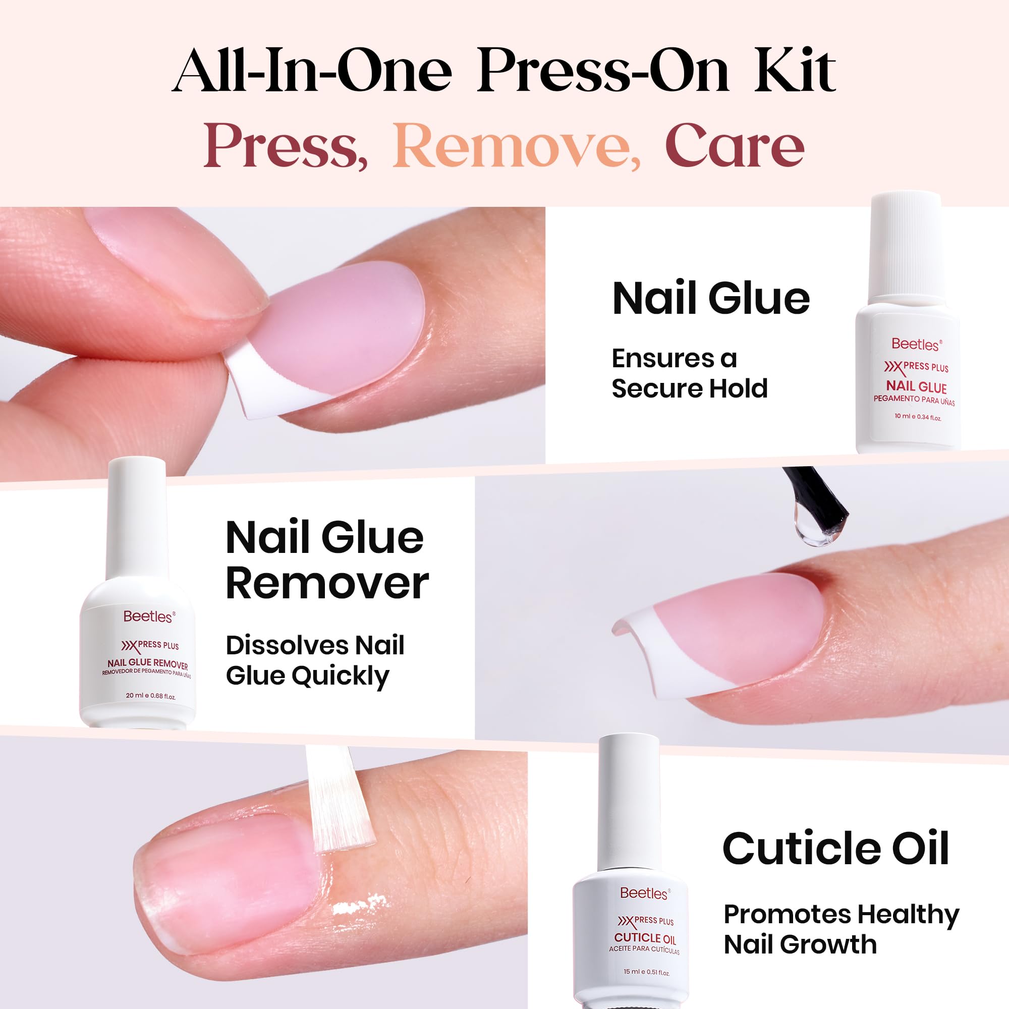 Beetles X Press Plus Glow French nails close-up highlighting pink French tip design