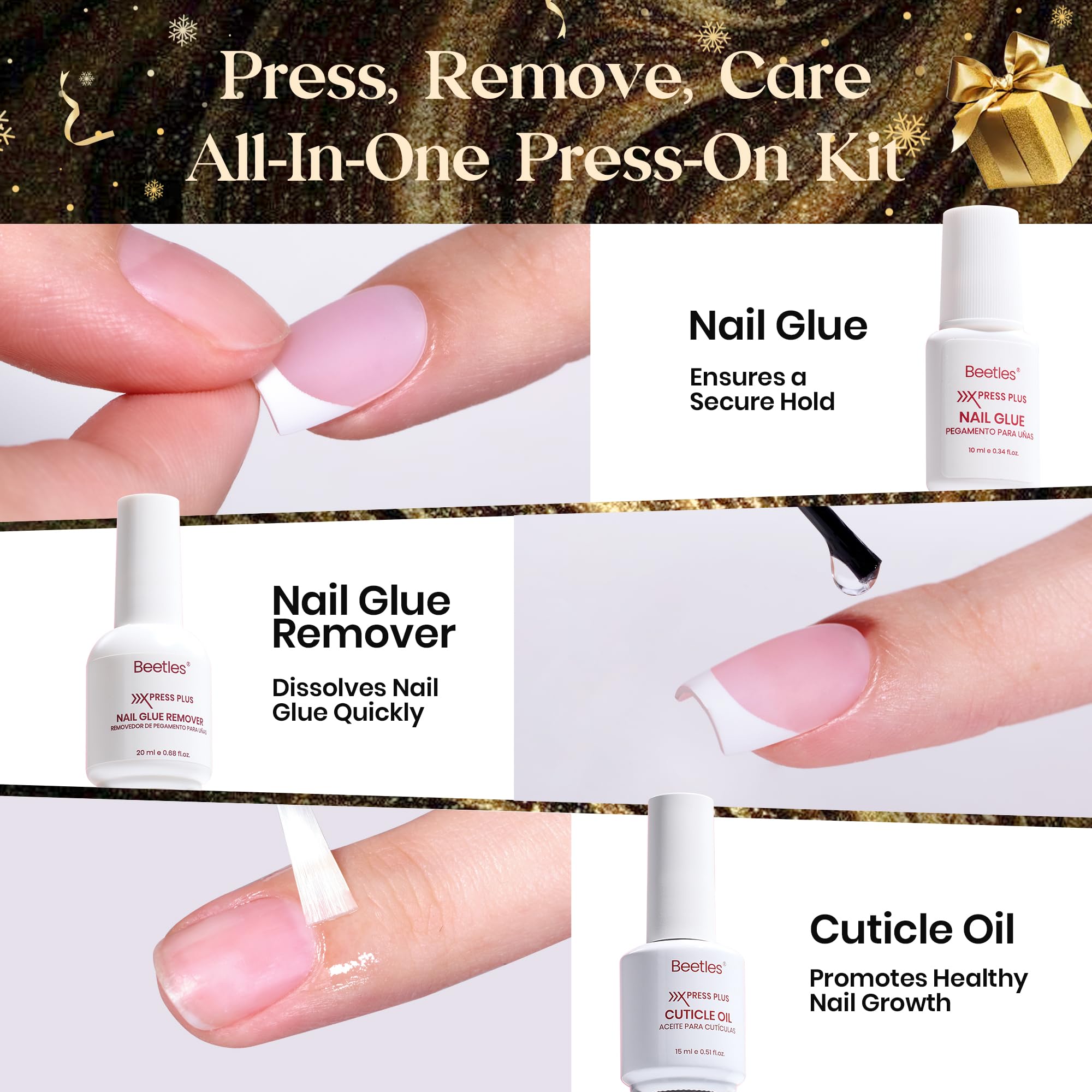 Beetles X Press Plus long-square nails showcase durable edges for lasting wear.