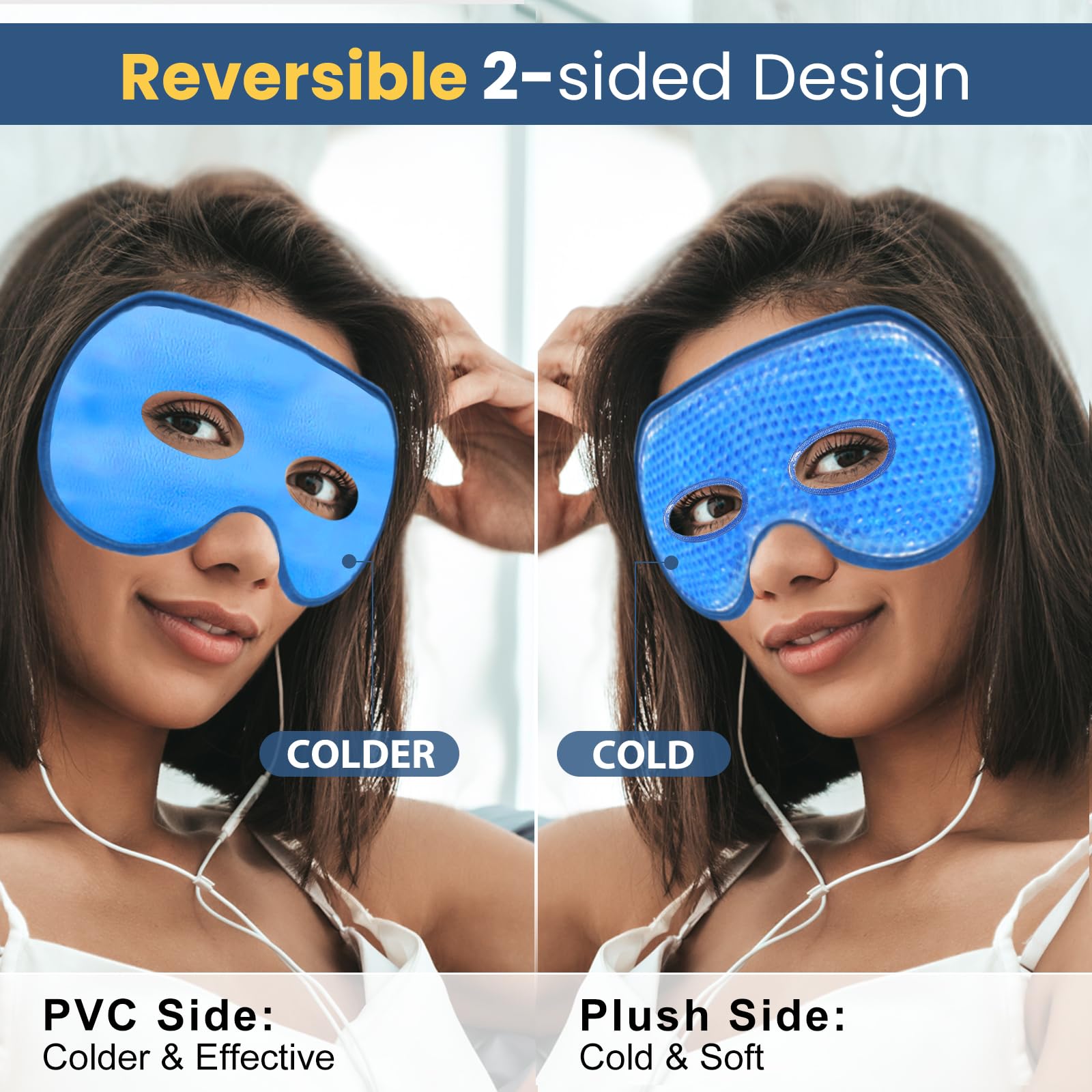 BeeVines Cooling Eye Mask plastic side provides colder therapy for refreshed eyes.