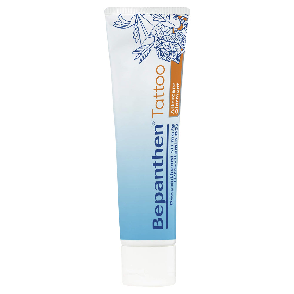 Bepanthen Tattoo aftercare ointment 50g label image highlights dermatologist-tested status for tattoo skin care