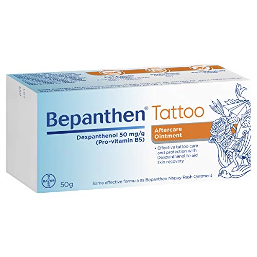 Bepanthen Tattoo aftercare ointment 50g packaging demonstrates convenient aftercare for tattooed skin