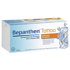 Bepanthen Tattoo aftercare ointment 50g packaging demonstrates convenient aftercare for tattooed skin