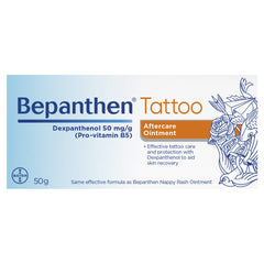 Bepanthen Tattoo aftercare ointment 50g tube close-up shows a protective breathable film for healing