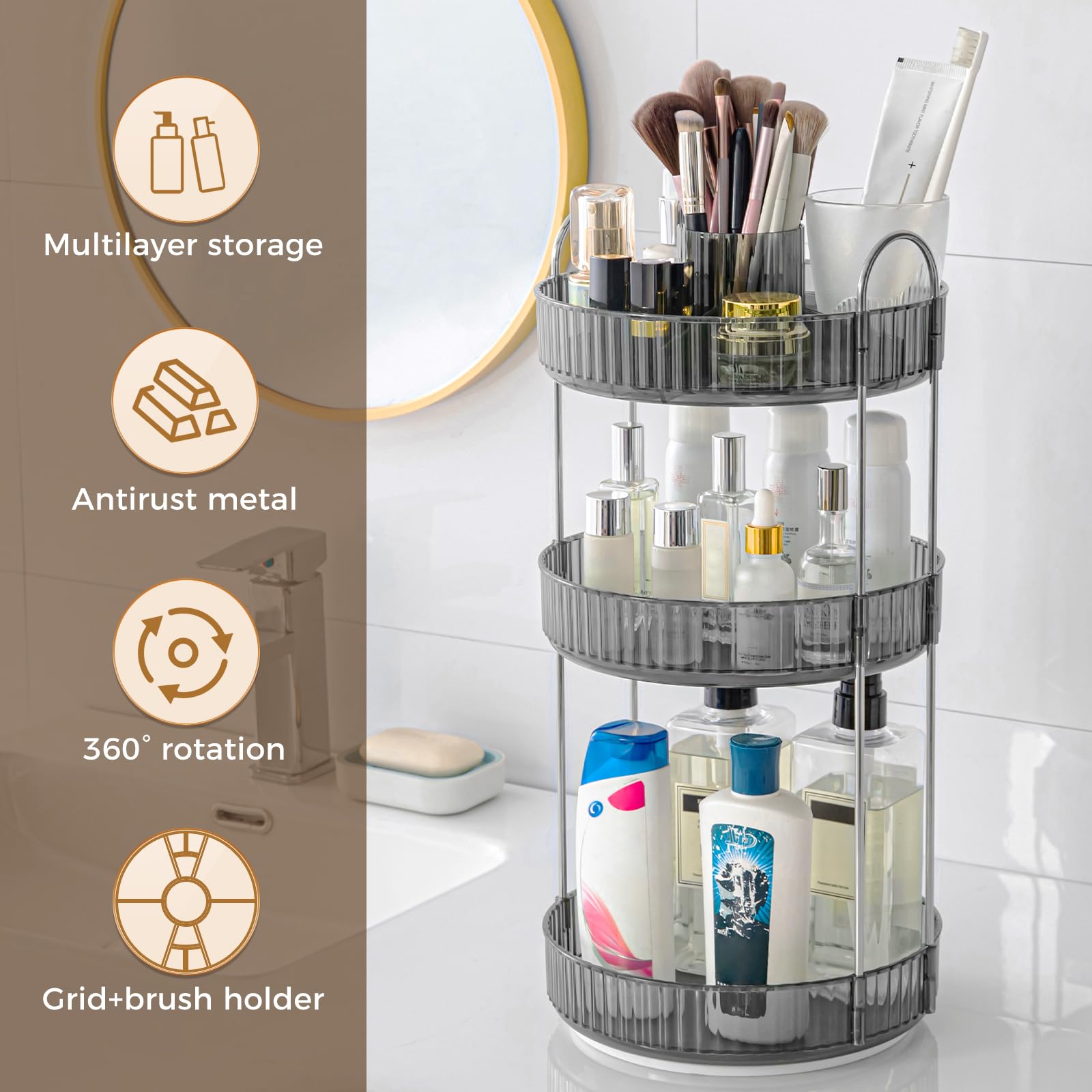 BEFSOP grey bathroom counter display emphasizes space-saving makeup and perfume organization.
