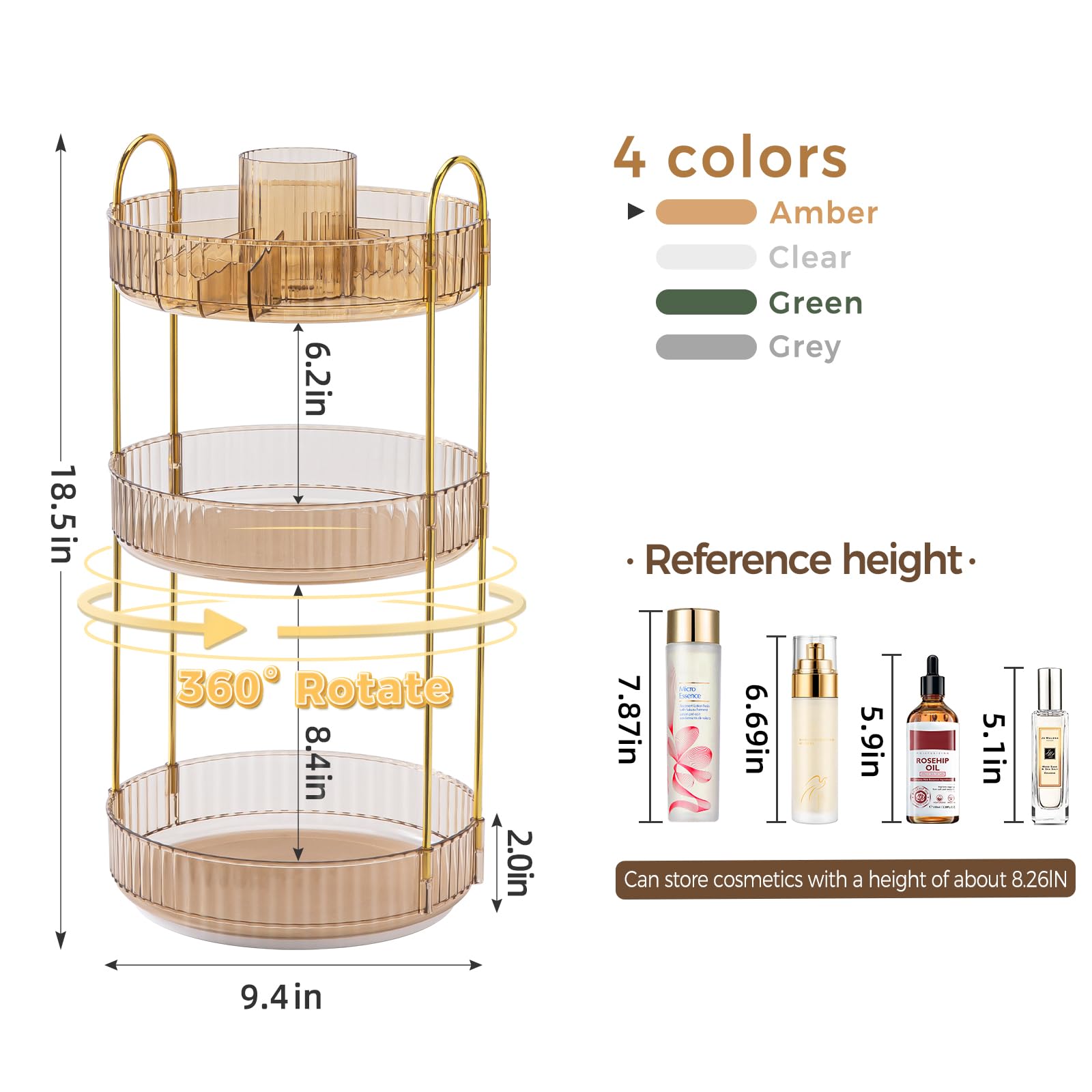 BEFSOP upgraded 3-tier tray keeps skincare and perfumes organized on vanity.