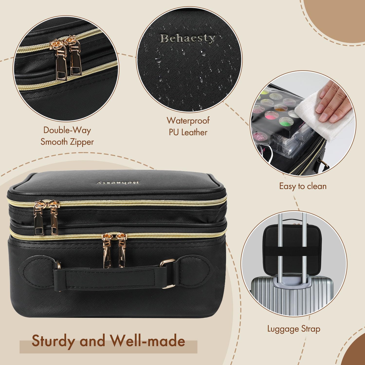 Behaesty travel makeup bag full palette capacity with brushes and toiletries.