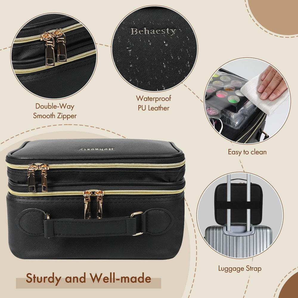 Behaesty travel makeup bag full palette capacity with brushes and toiletries.
