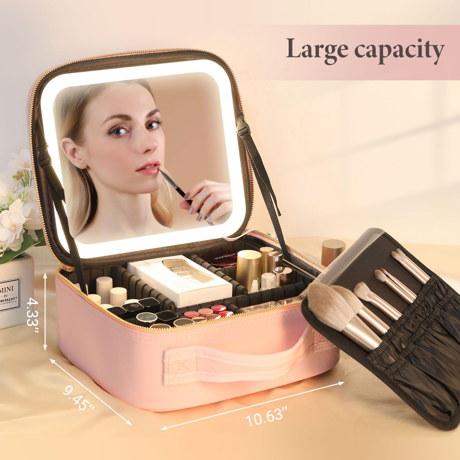 Behaesty travel makeup bag interior view showing organized partitions