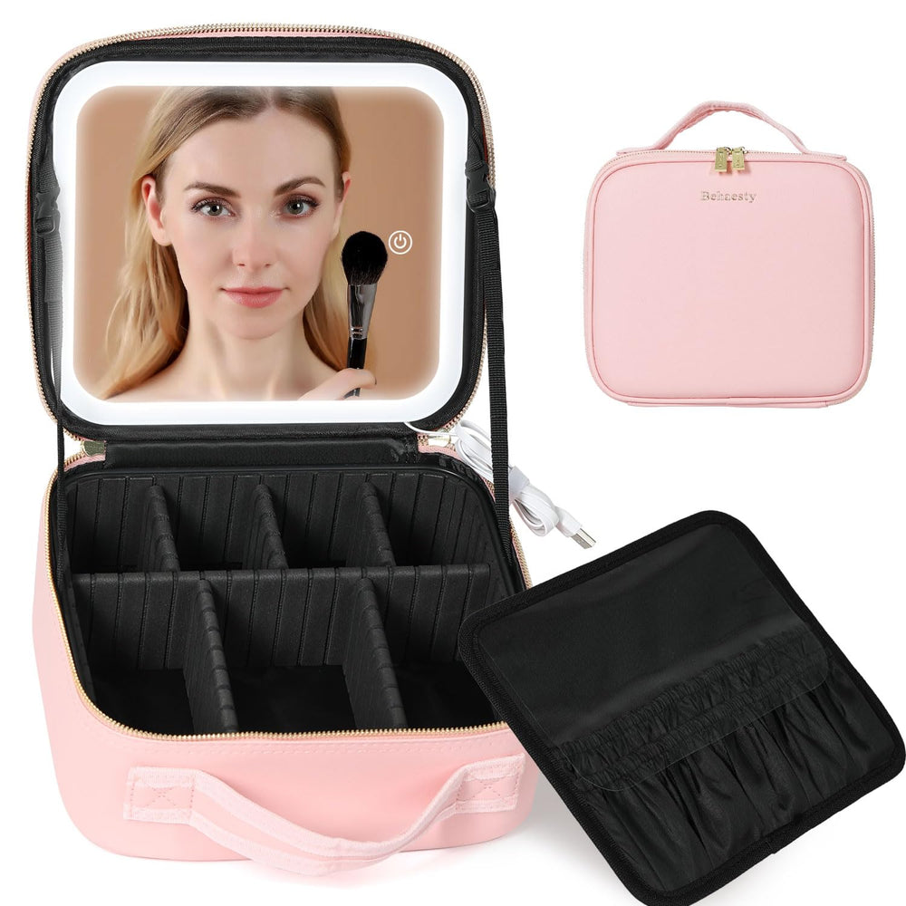 Behaesty travel makeup bag with LED mirror enabling precise makeup in any light