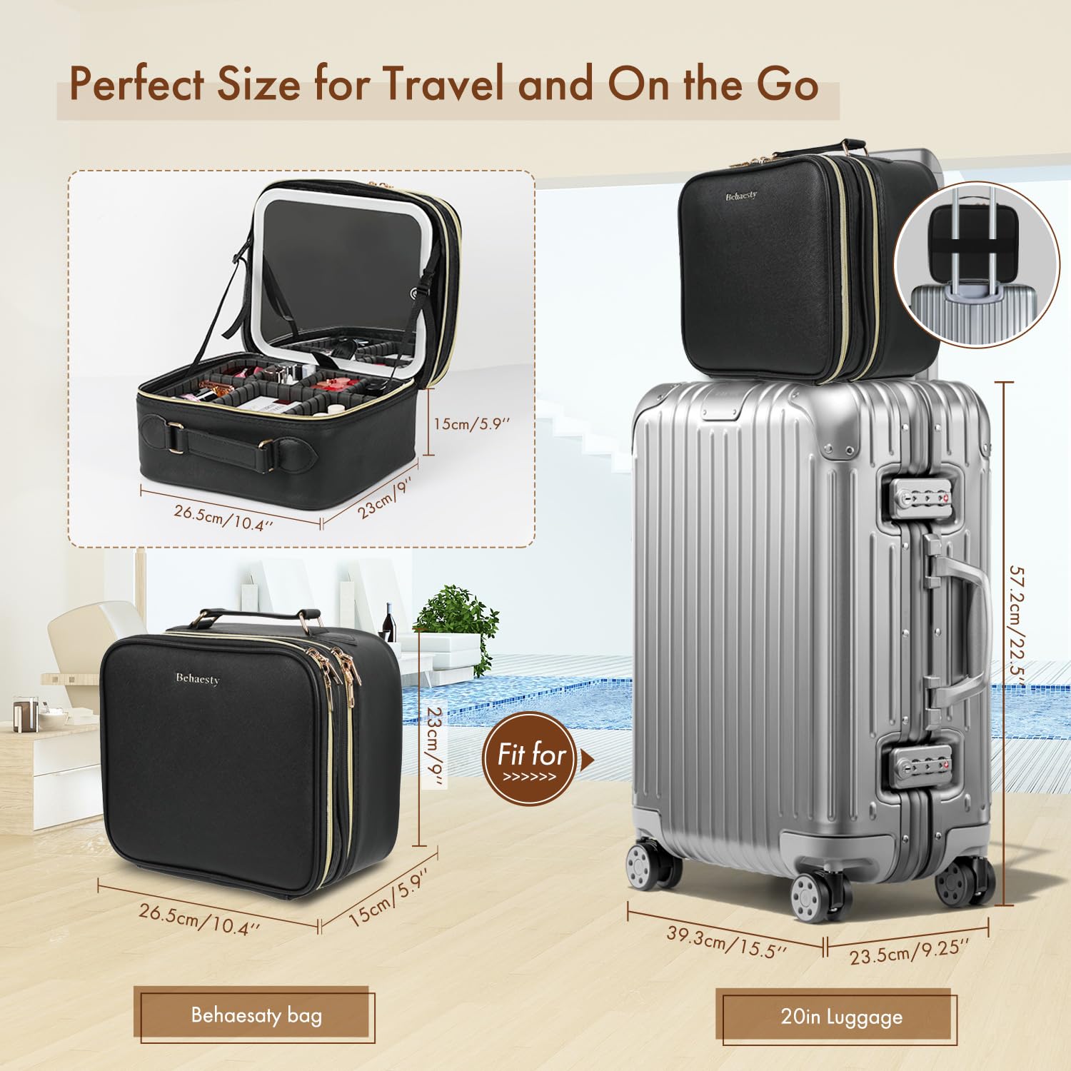Behaesty travel makeup bag luggage attachment for hands-free travel.