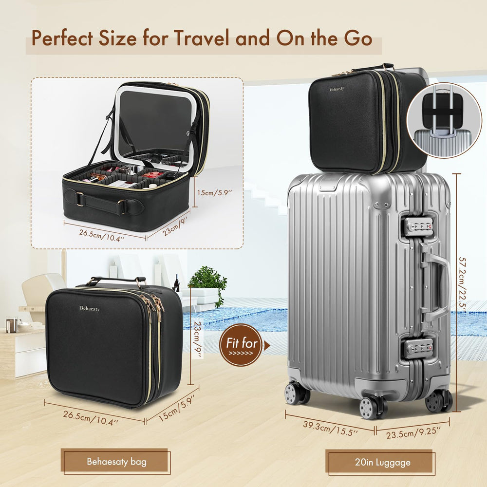 Behaesty travel makeup bag luggage attachment for hands-free travel.
