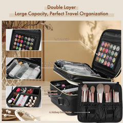 Behaesty travel makeup bag open with mirror reveals organized compartments.