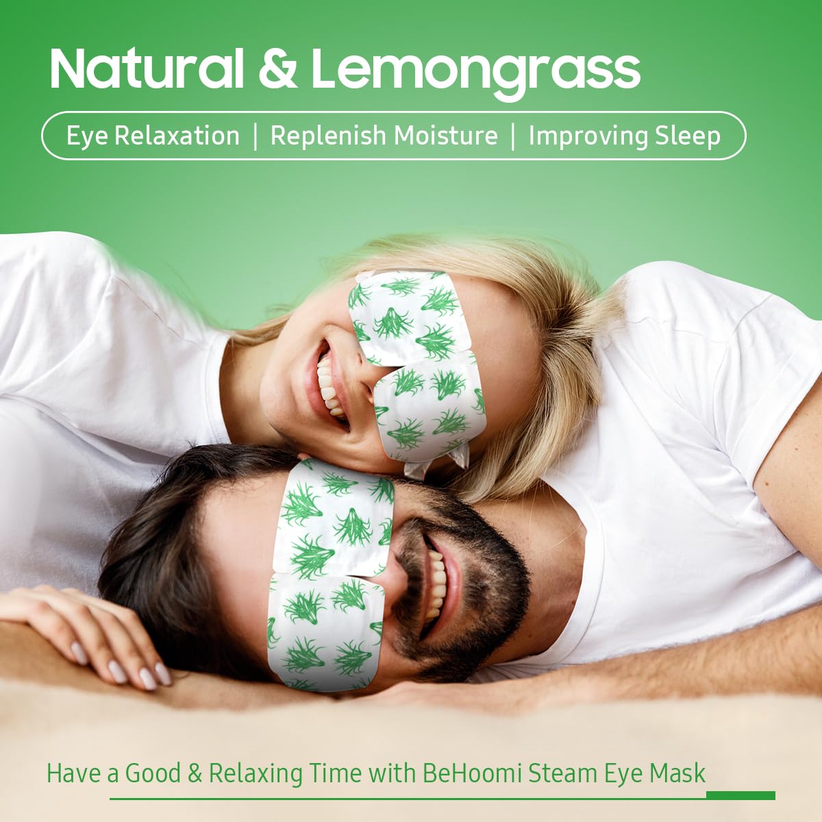 BeHoomi Lemongrass steam eye mask worn on the eyes for restful moments.