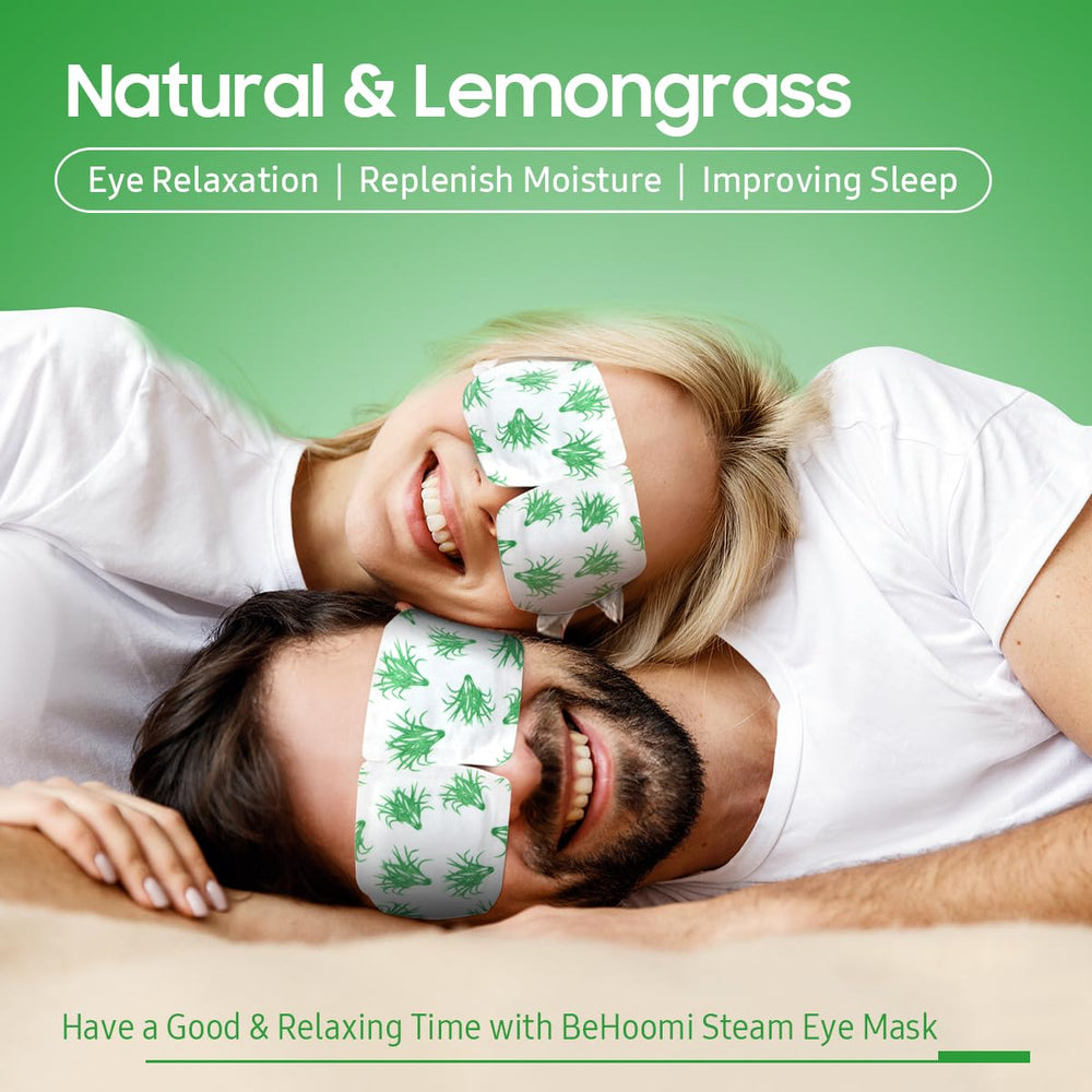 BeHoomi Lemongrass steam eye mask worn on the eyes for restful moments.