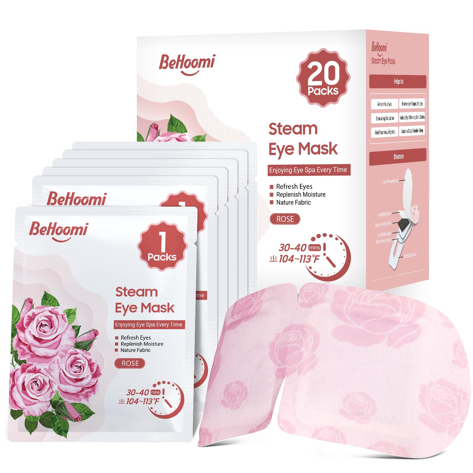BeHoomi Rose steam eye mask packaging showcases easy, self-heating relief for travel.