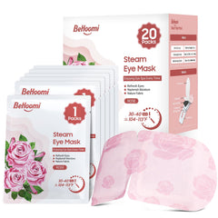 BeHoomi Rose steam eye mask packaging showcases easy, self-heating relief for travel.