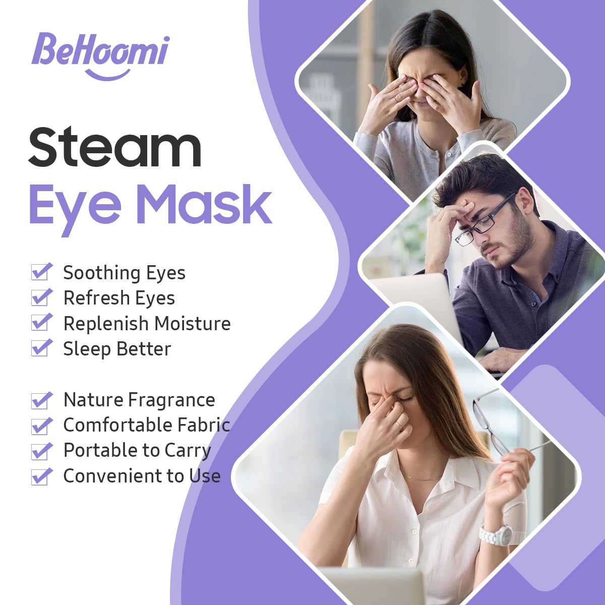 BeHoomi steam eye mask ear-hooks illustrate flexible, universal fit.