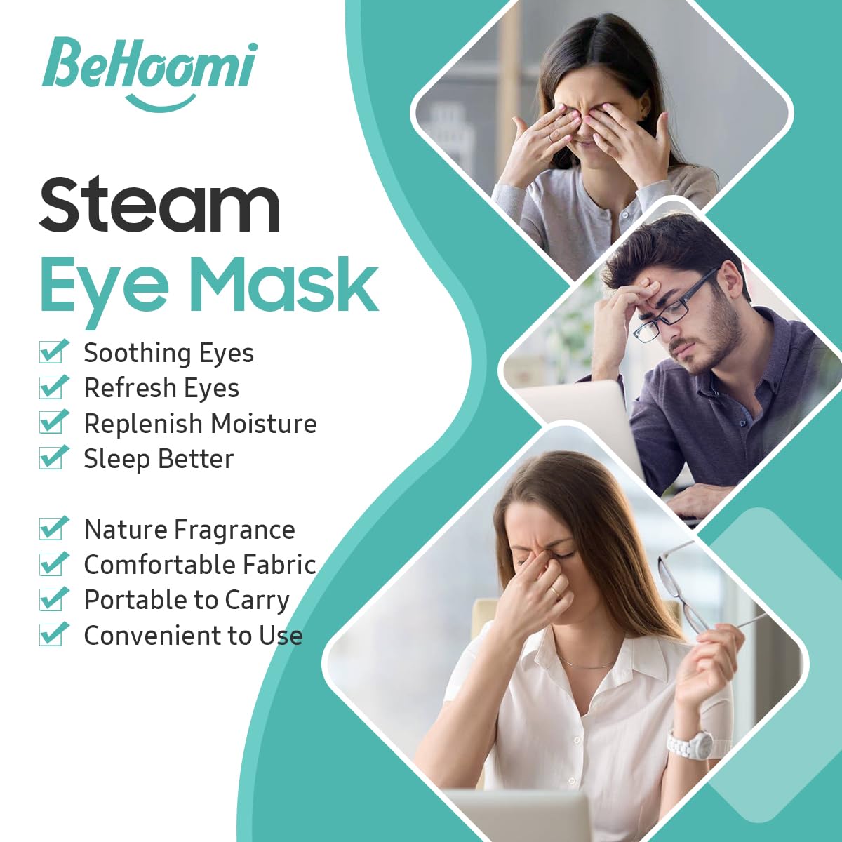 BeHoomi steam eye mask on face delivers soothing warmth around the eyes.