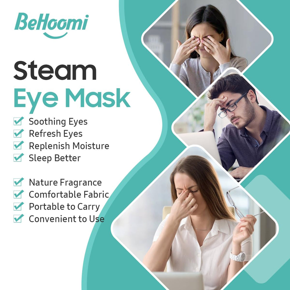 BeHoomi steam eye mask on face delivers soothing warmth around the eyes.