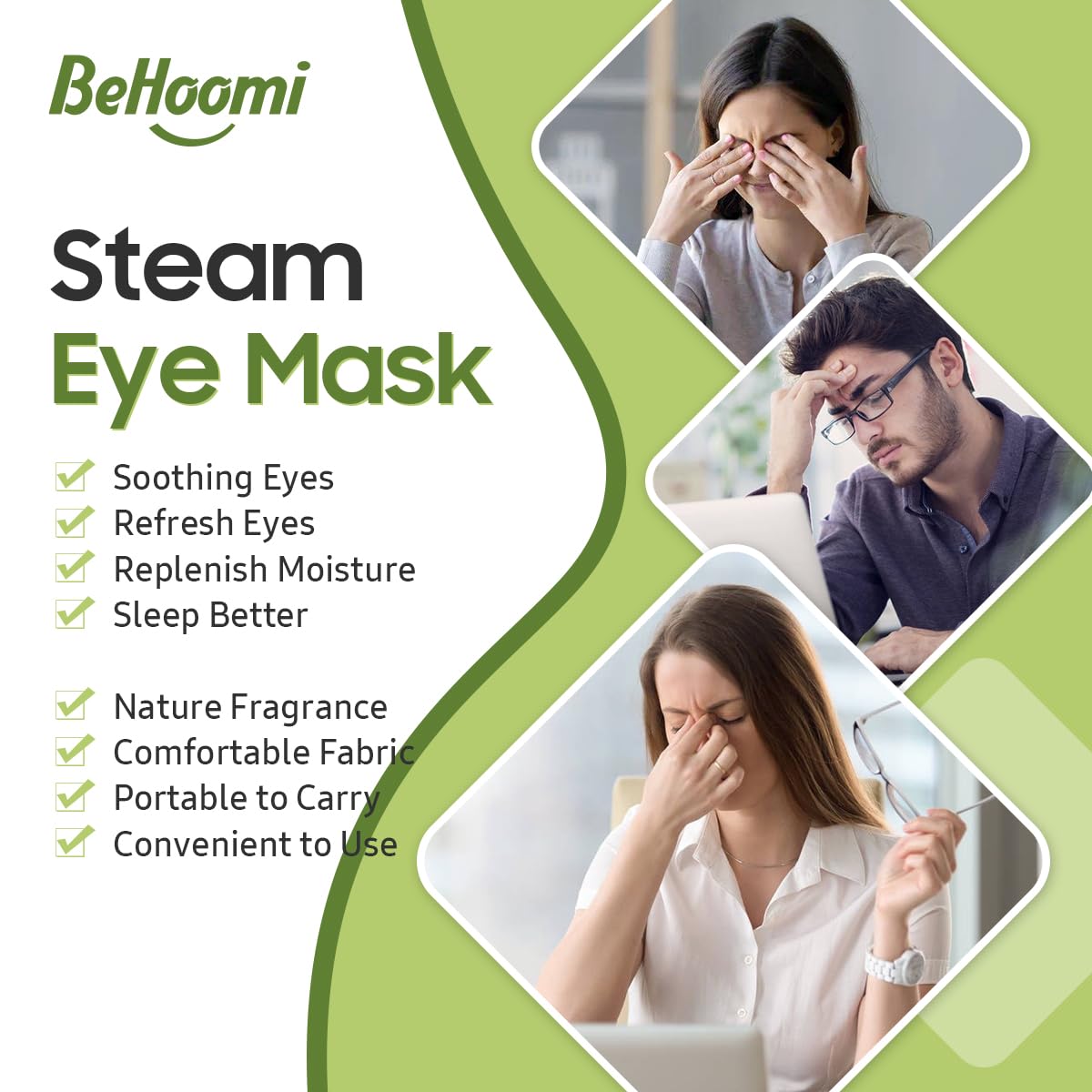 BeHoomi steam eye mask worn on face delivering warm relaxing comfort