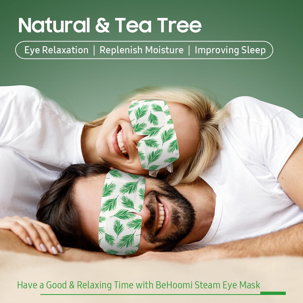 BeHoomi steam eye mask opening shows simple two-step use for quick refresh.