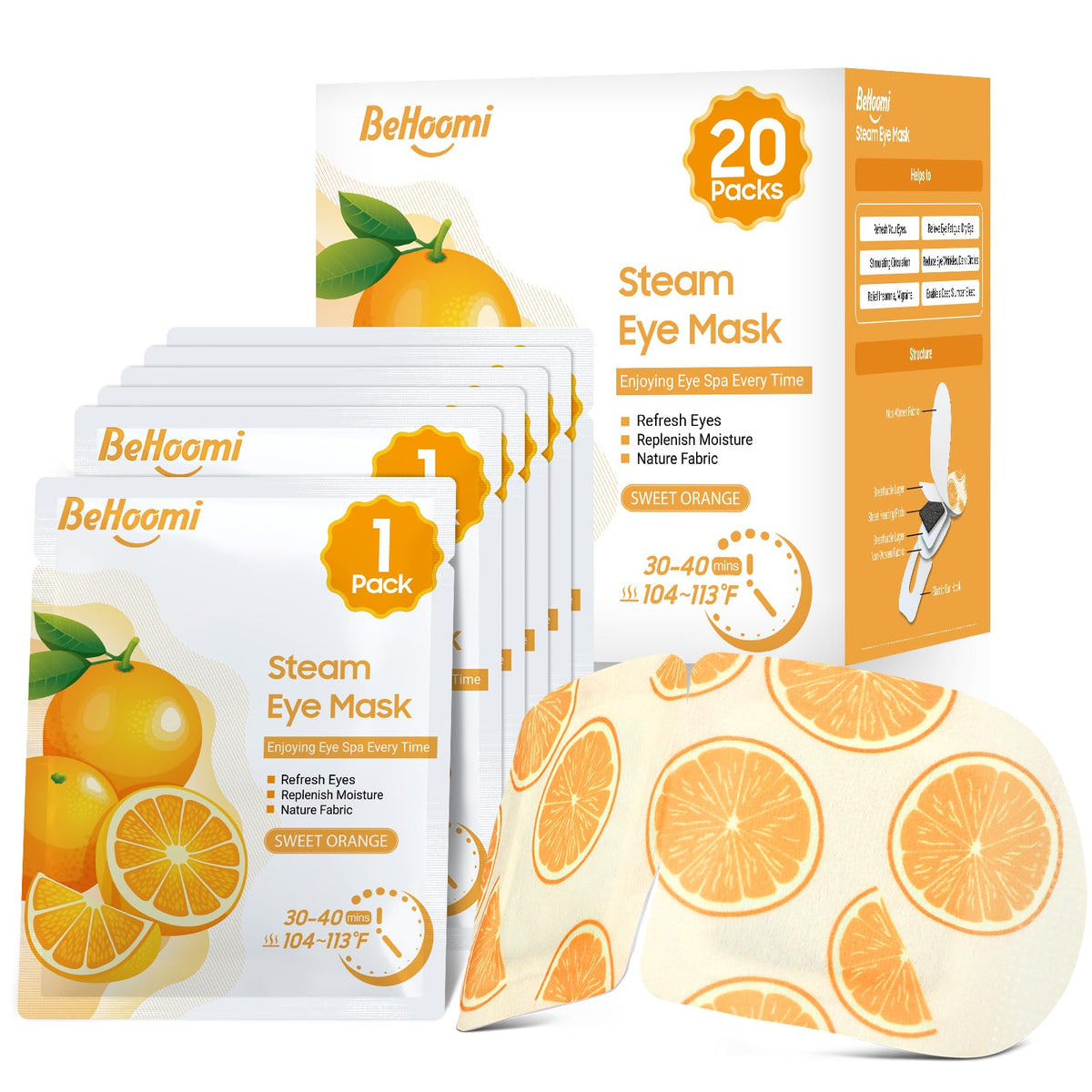 BeHoomi steam eye mask packaging shows a 20 pack for gifting and travel