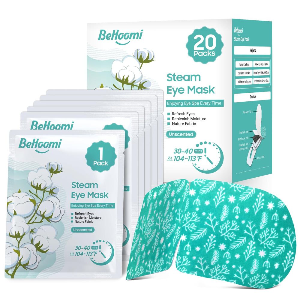 BeHoomi steam eye mask 20-pack box shows convenient unscented relief for travel and home.