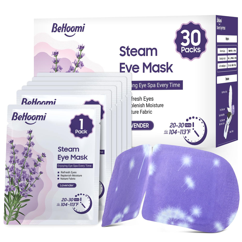 BeHoomi steam eye mask packaging shows convenient, travel-friendly packaging.