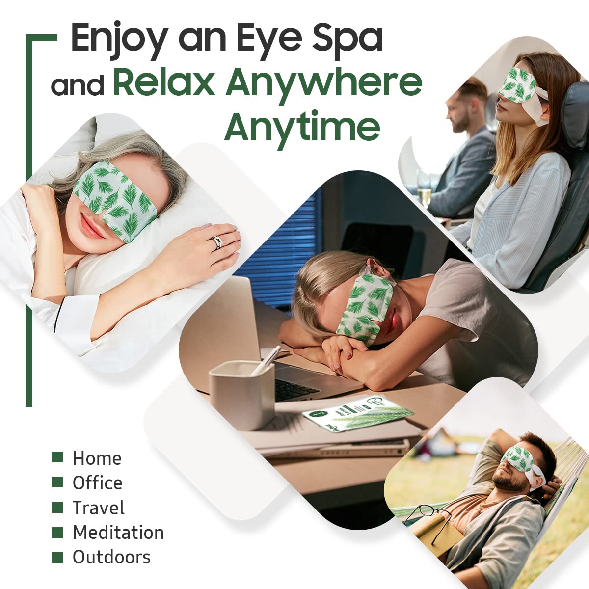 BeHoomi steam eye mask relaxation scene with tea tree variant for spa-like rest.