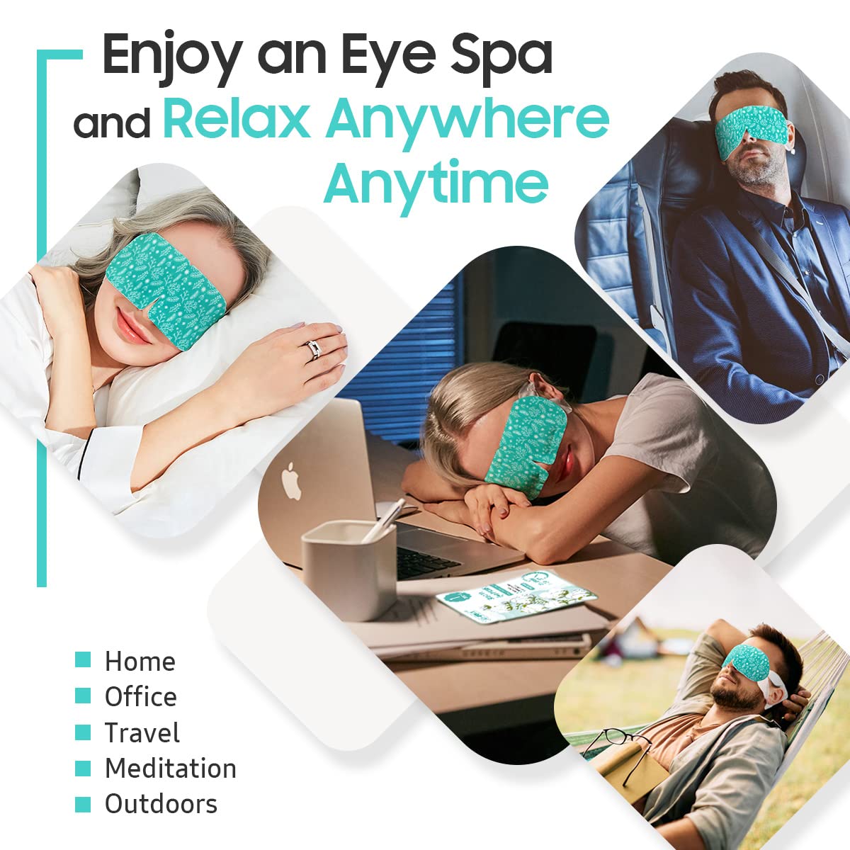 BeHoomi steam eye mask relaxation-scene evokes spa-like rest at home or while traveling.
