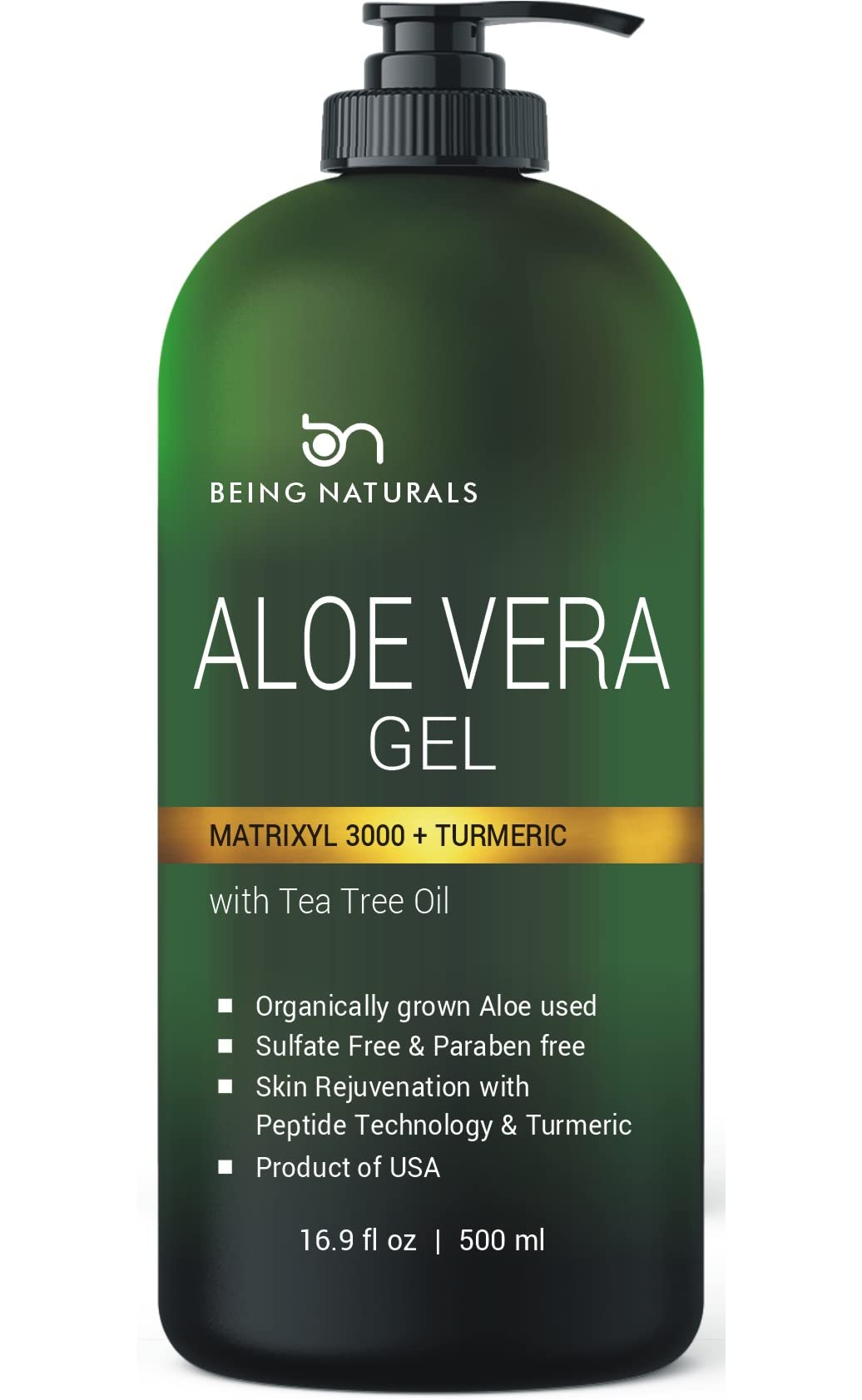 Being Naturals Aloe Gel bottle closeup shows pure organic hydration for skin and hair