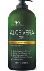 Being Naturals Aloe Gel bottle closeup shows pure organic hydration for skin and hair