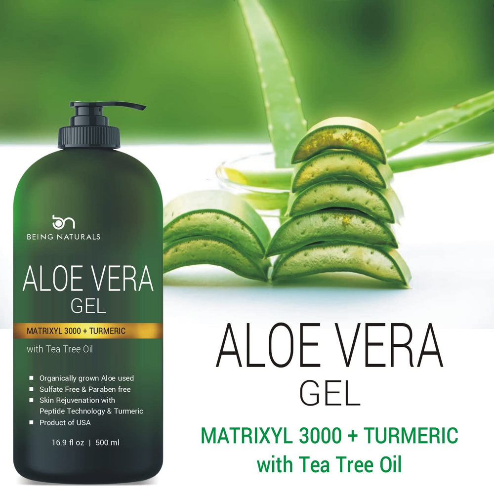Being Naturals Aloe Gel ingredient shot highlights peptides and turmeric for skin renewal support