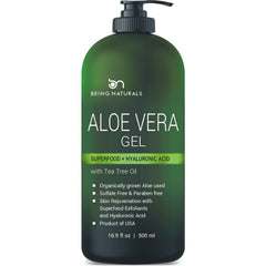 Being Naturals Aloe Vera Gel bottle for quick, non-sticky hydration.