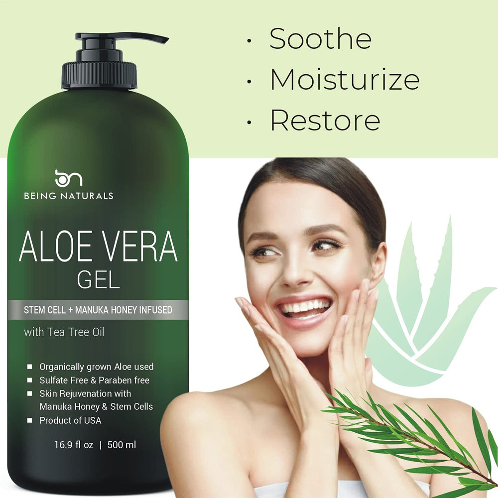 Being Naturals Aloe Vera Gel with Manuka Honey emphasizes nourishing skin.