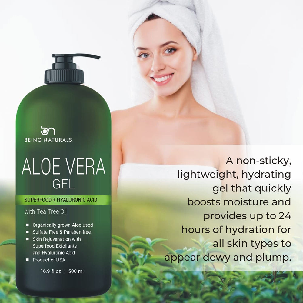 Being Naturals Aloe Vera Gel on sun-exposed skin for after-sun care suggestions.