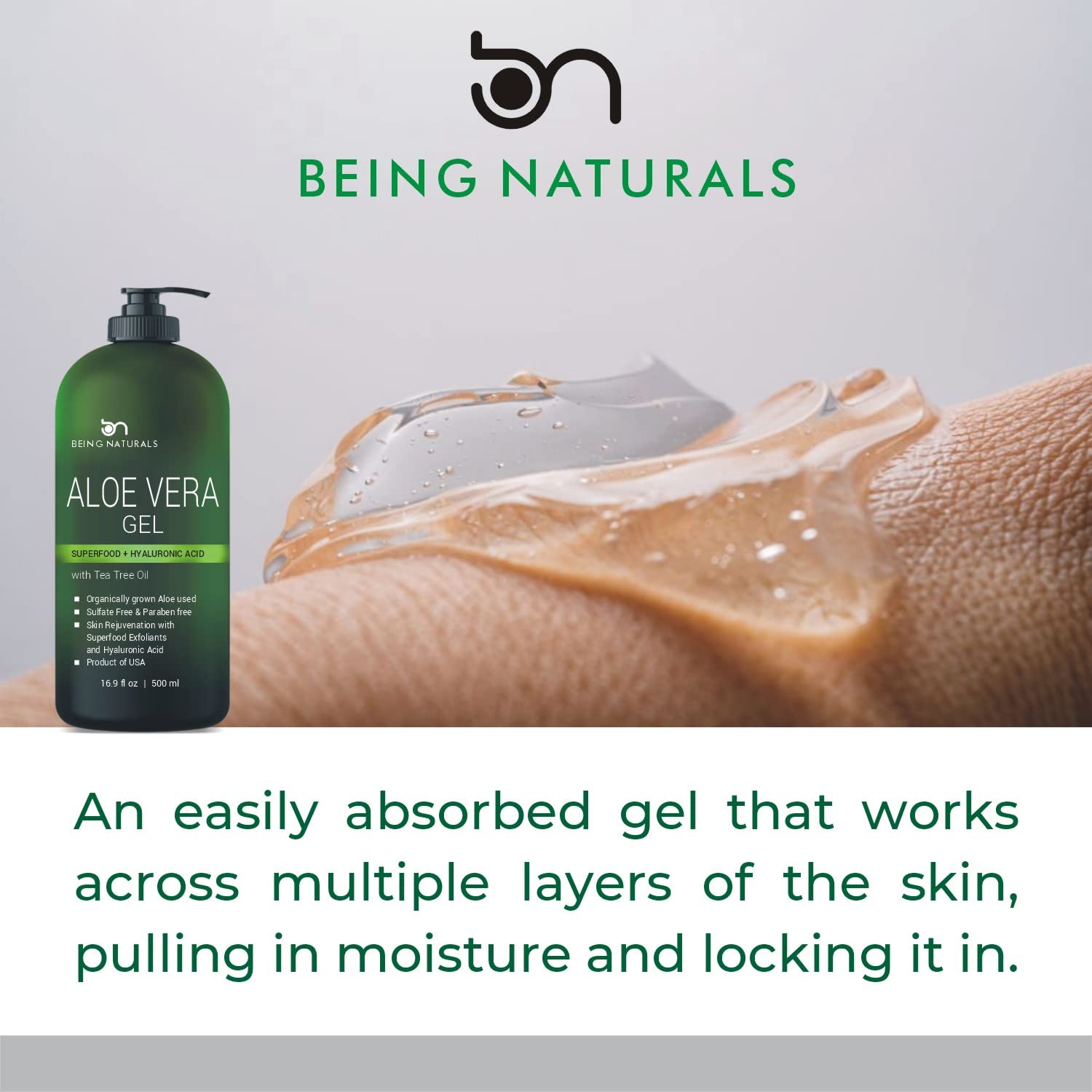 Being Naturals Aloe Vera Gel USA-made and free from sulfates, alcohol, parabens.