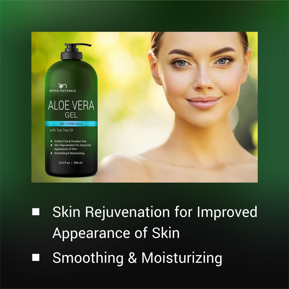 Being Naturals Aloe Gel hair care showcases versatile use on scalp and ends.